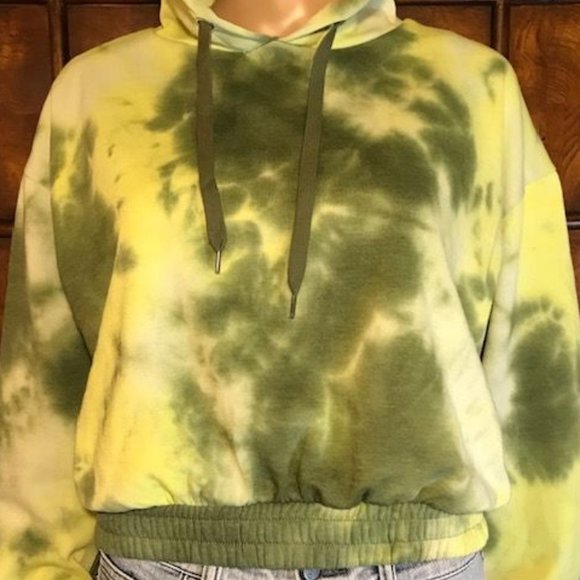 Tuscan Olive Fleece Lined Cotton Blend Cropped Tie Dye Sweatshirt Hoodie - Picture 11 of 14